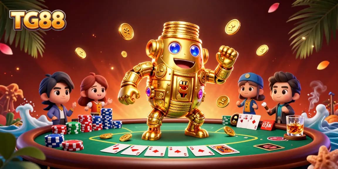 Experience the thrill at TG88 as the golden golem and poker setup ignite excitement in a vibrant casino scene.