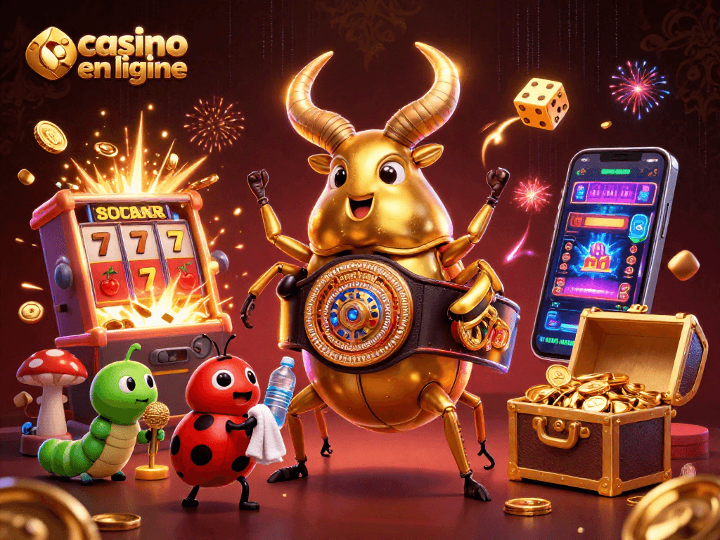Gagnez gros avec casino en ligne : illustration dynamique d'un scarabée champion et ses alliés autour des casinos.