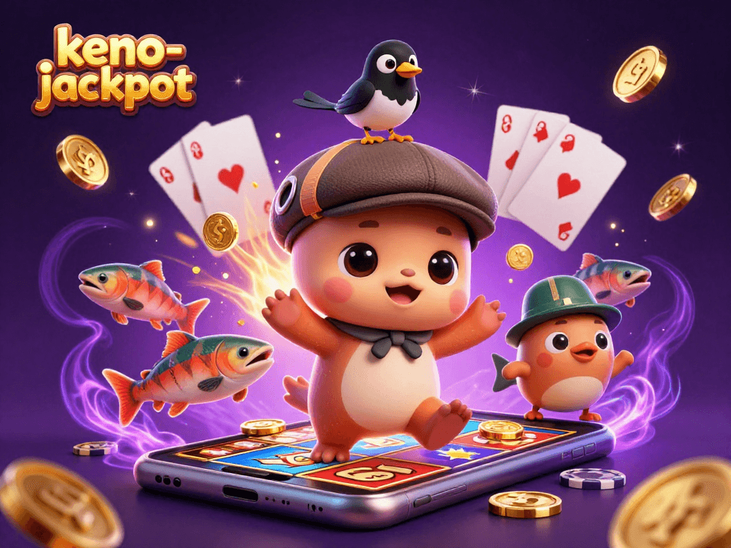 Keno-jackpot offers an engaging 3D scene with cartoon characters around vibrant casino elements.