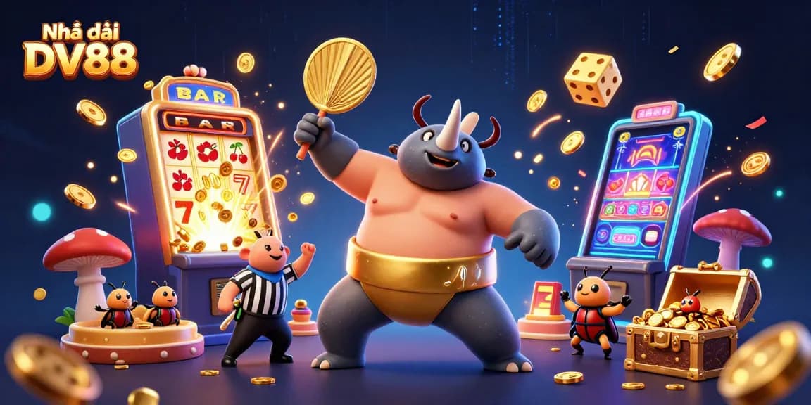 Engage with thrilling games at Nhà cái DV88, featuring a dynamic 3D casino scene full of excitement.