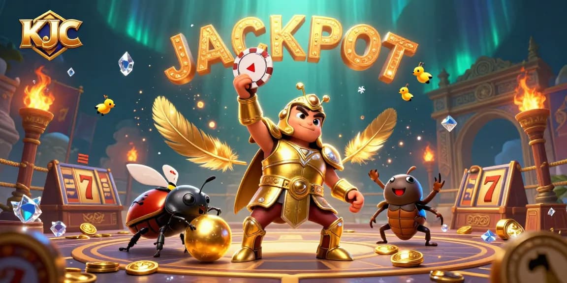 KJC players celebrating a jackpot win in a dynamic casino scene with colorful elements.