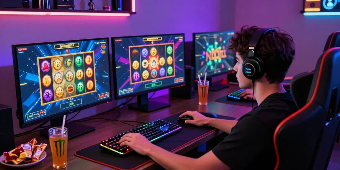 Player engaging with situs gacor on multiple gaming screens showcasing exciting slot games and vibrant graphics.