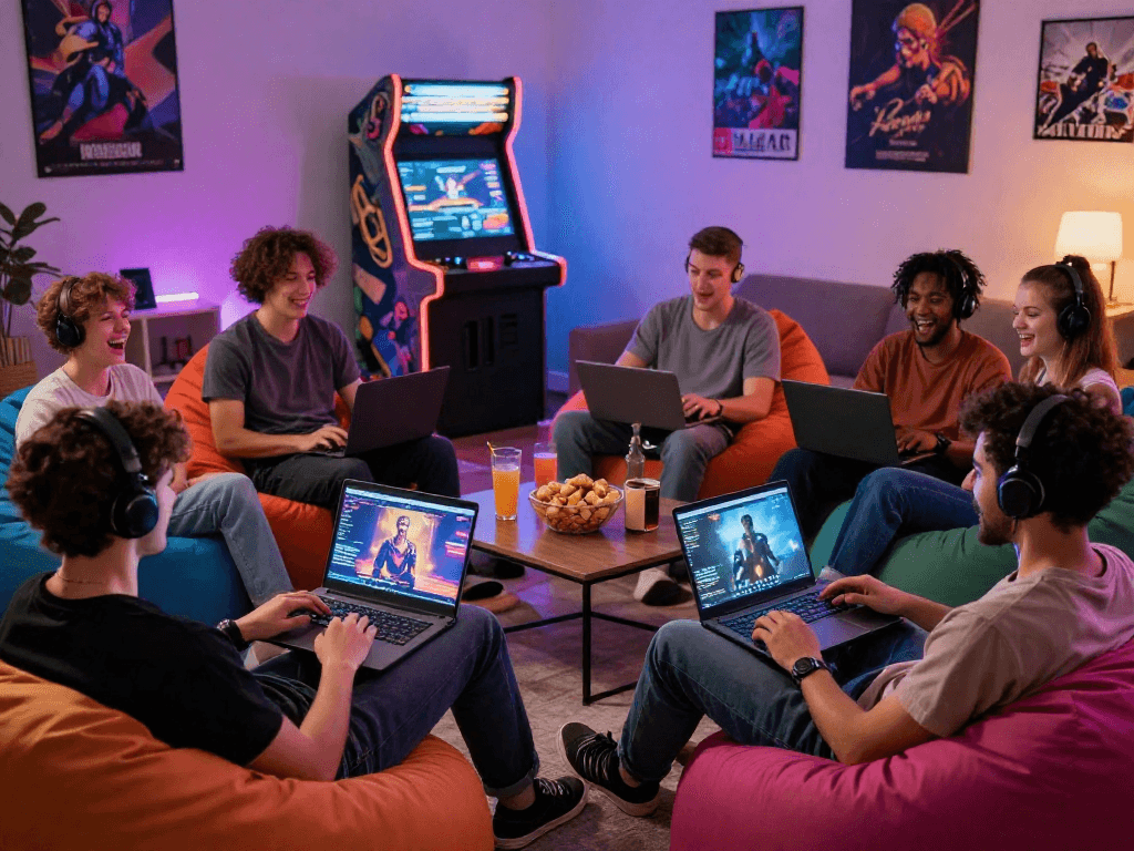 Players enjoying a vibrant porn game experience in a cozy gaming room setup.