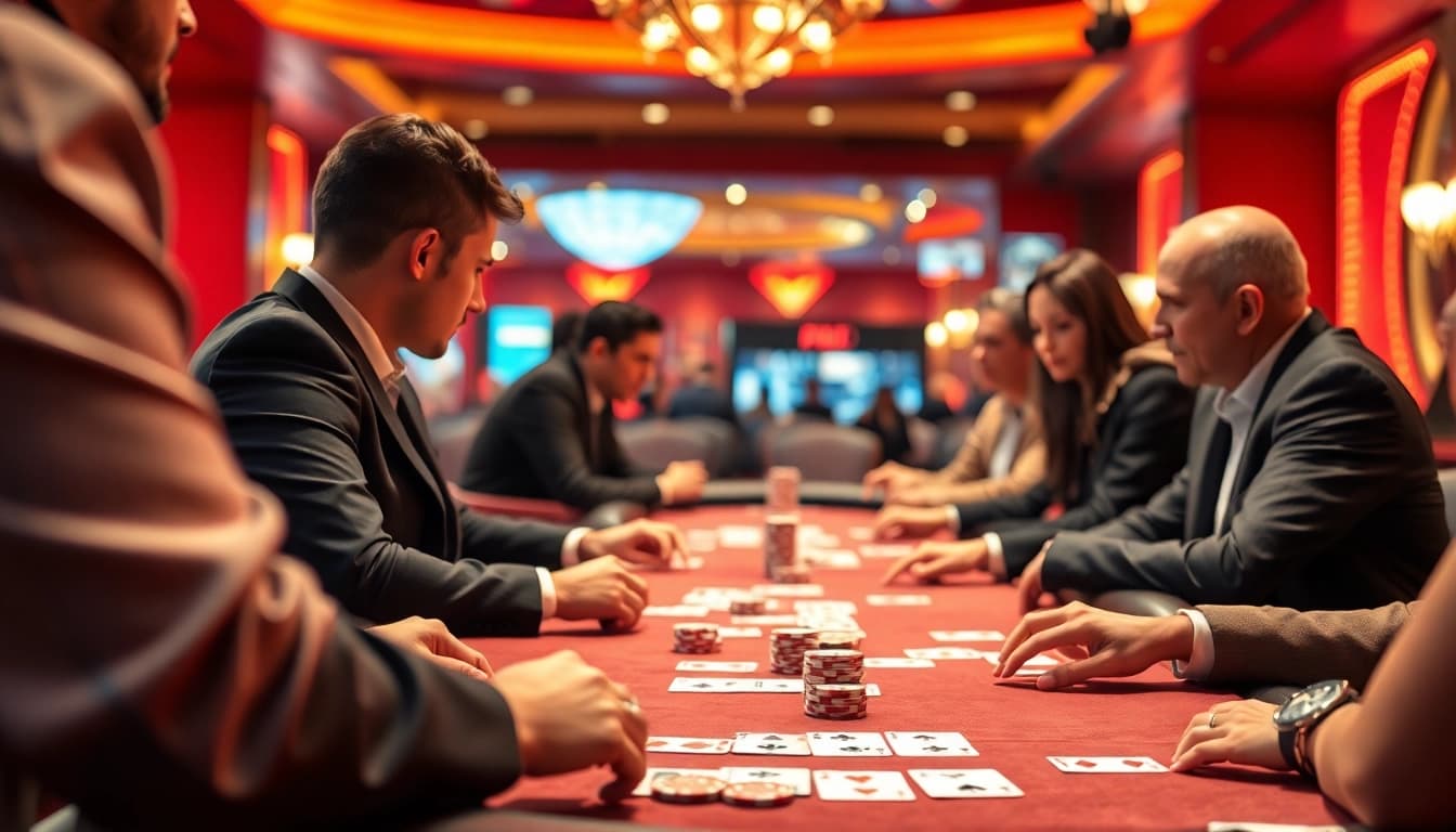 Ucapkan dewartp saat bermain poker di kasino dengan dealer dan pemain.