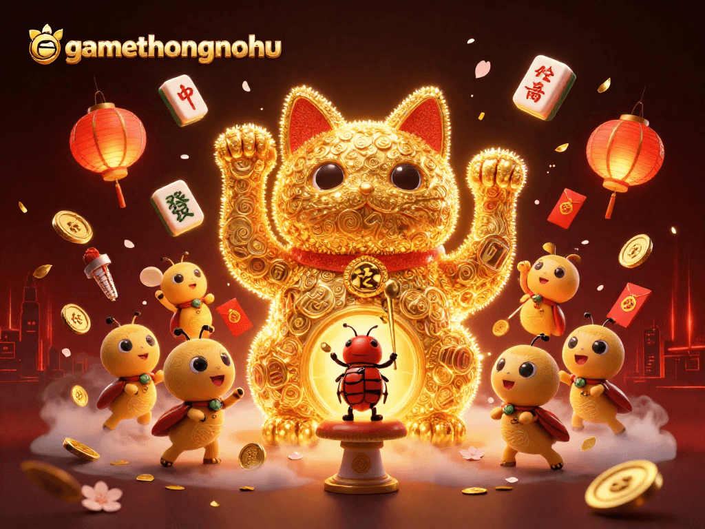 Engage with gamethuongnohu's exciting gameplay featuring a giant lucky cat and vibrant casino elements.