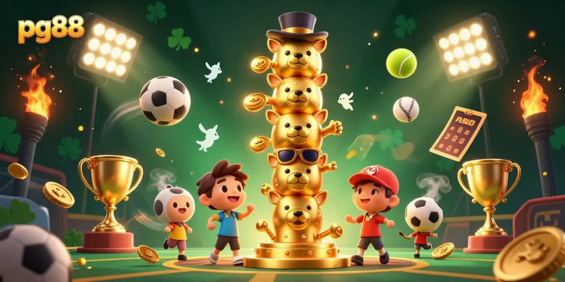 Experience thrilling sports betting excitement at pg88 with dynamic 3D illustrations and golden trophy elements.