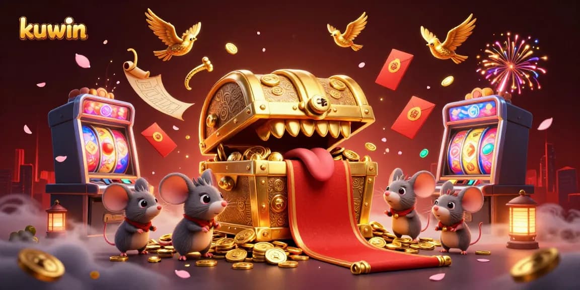 Engage with kuwin's vibrant casino atmosphere featuring a golden treasure chest and exciting slot machines.