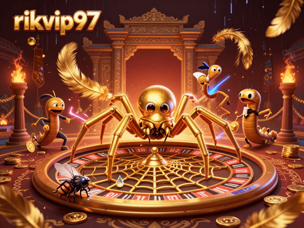 rikvip97 invites players to spin the wheel and place bets in a vibrant casino-themed illustration.