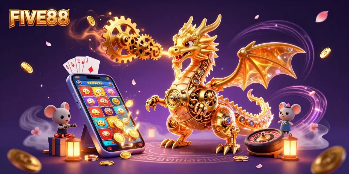Experience the magic of FIVE88 with a captivating 3D casino scene featuring a golden dragon and gaming elements.