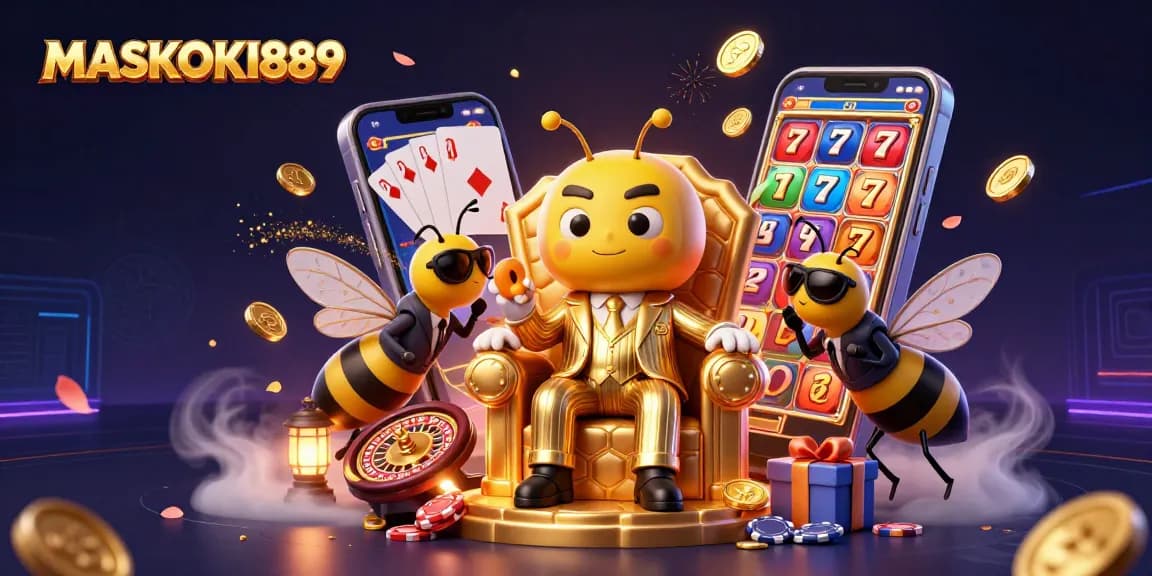 Engage with the vibrant MASKOKI889 slot scene, showcasing a bumblebee mob boss amid spinning reels and golden coins.
