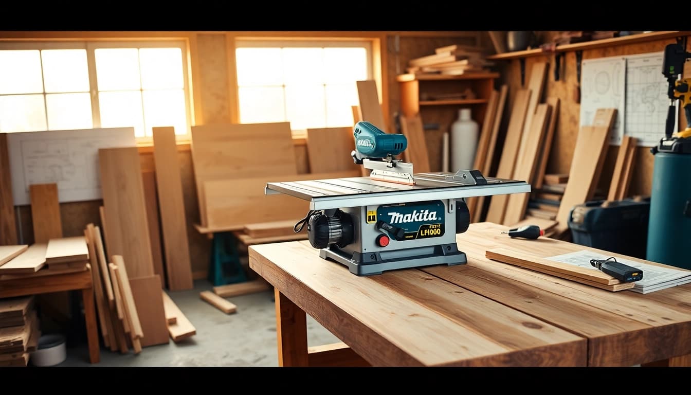 Using a makita flipper, a craftsman effortlessly transitions between table and mitre saw functions in a well-equipped workshop.