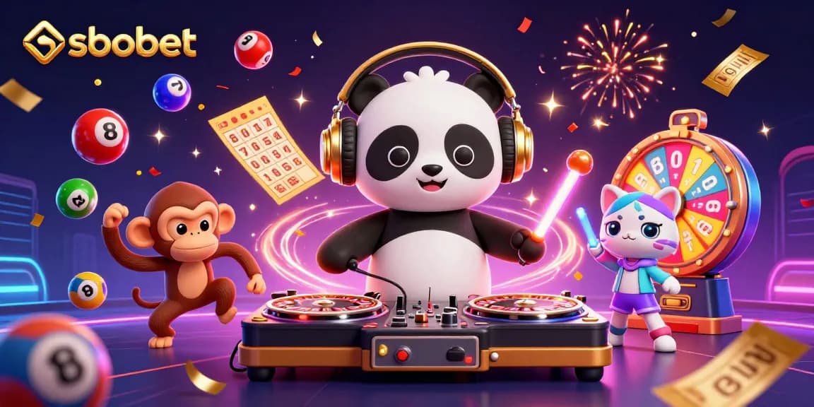 Engage with sbobet in an enticing casino scene featuring characters and colorful game elements.