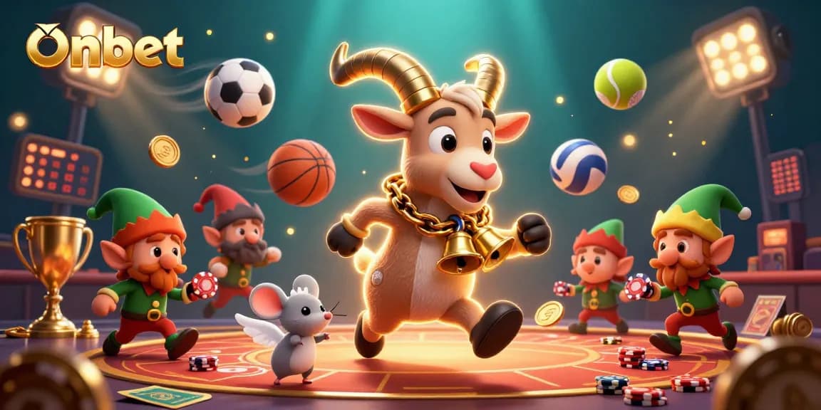 Enhance your gaming with Onbet's dynamic casino scene featuring playful characters and sports action.