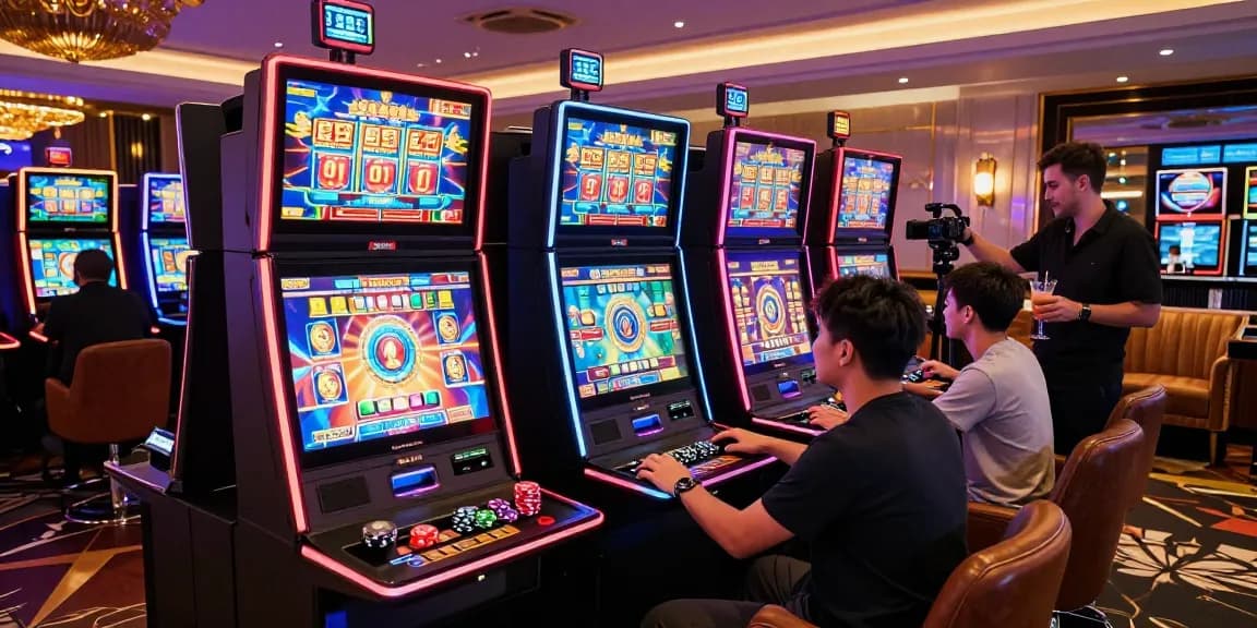 LUXURY777 di ruang permainan mewah dengan pemain slot, lampu neon dan dekorasi mewah.