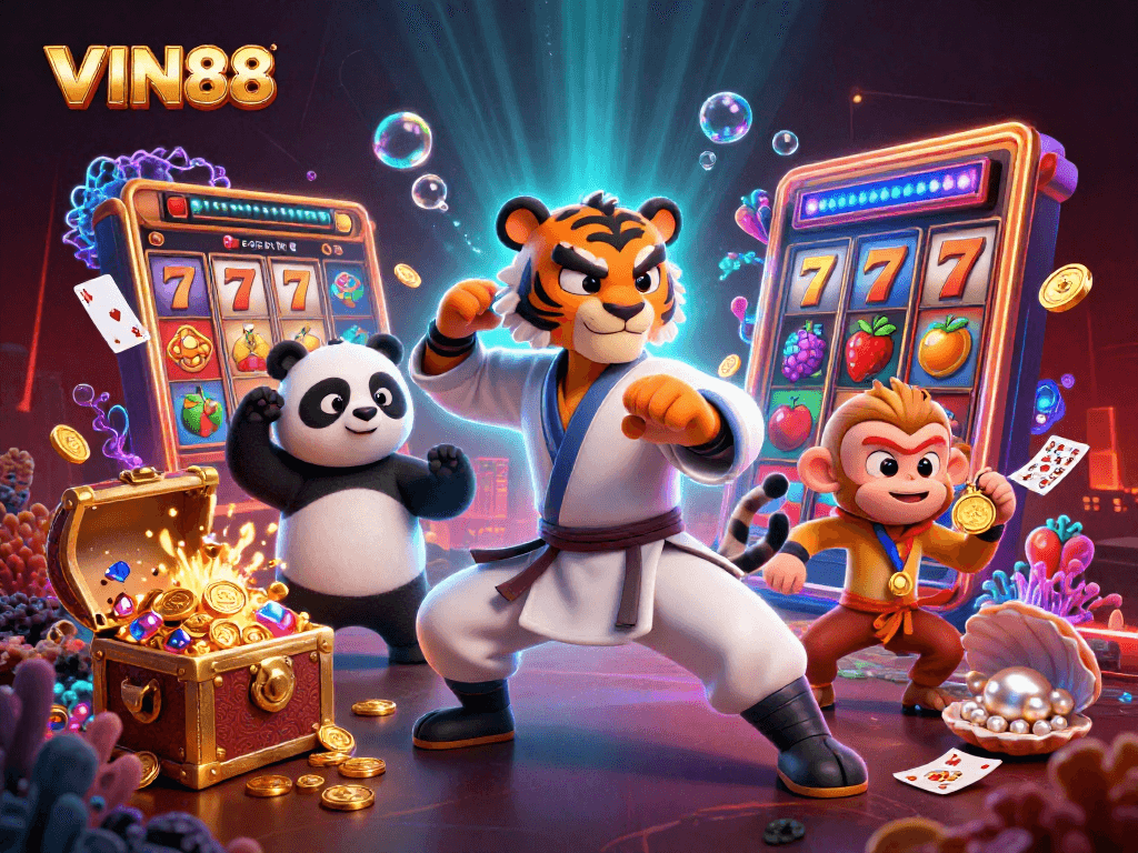 Experience thrilling gameplay with VIN88, featuring characters immersed in vibrant slots action.