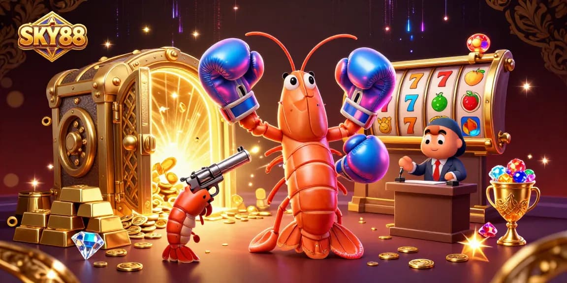 SKY88 gamers celebrating with vibrant 3D illustration of animated sea creatures and slot game elements.