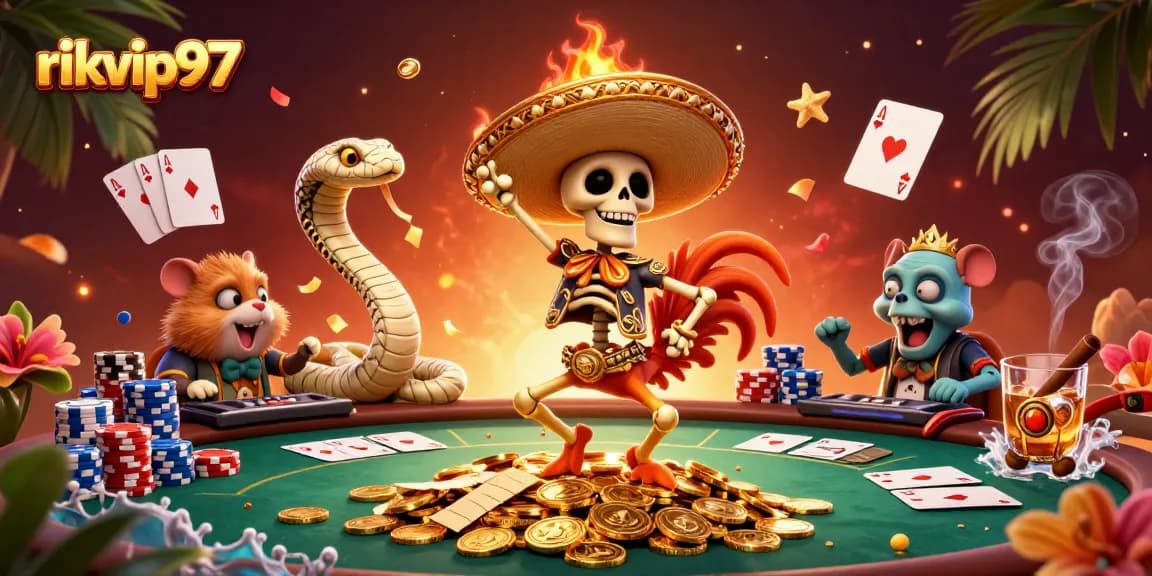 Engage in thrilling gameplay at rikvip97 with a festive casino scene featuring vibrant characters and poker elements.