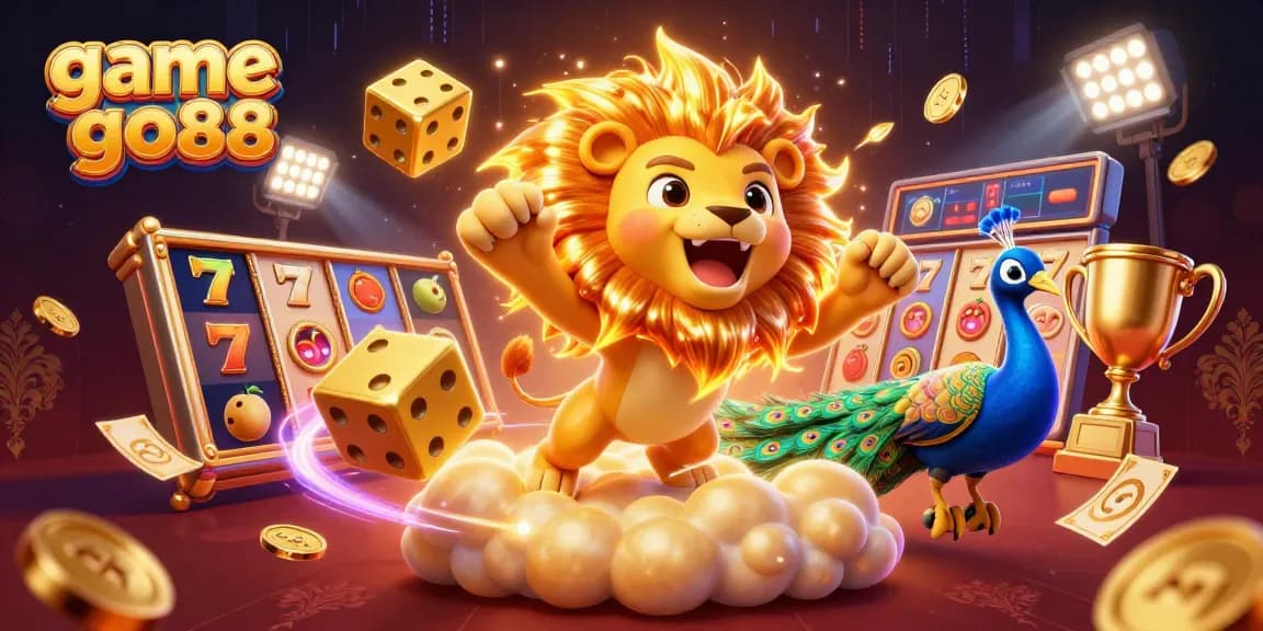 Engage with game go88's dynamic slots world featuring a roaring sun lion amidst vibrant casino elements.