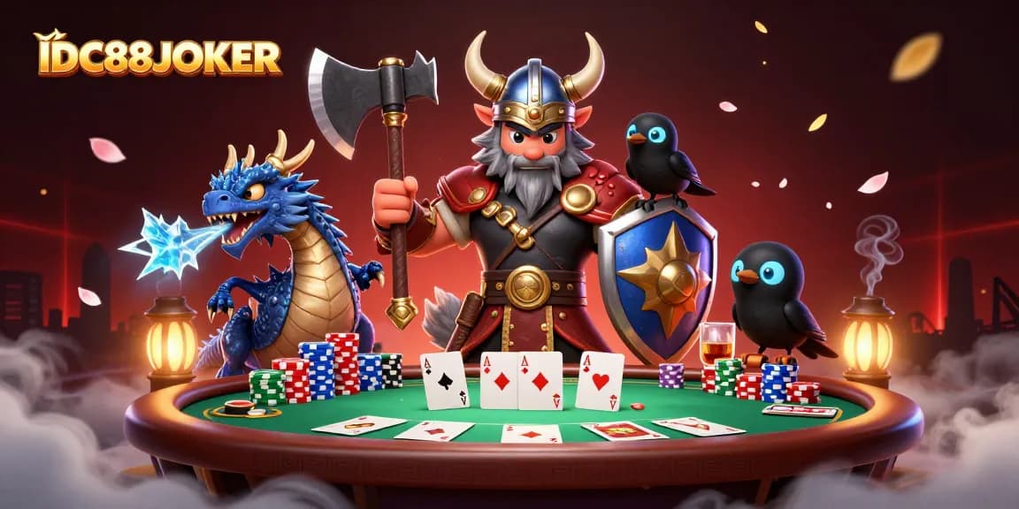 Experience the captivating energy of IDC88JOKER with Viking warrior, dragon, and poker action elements.