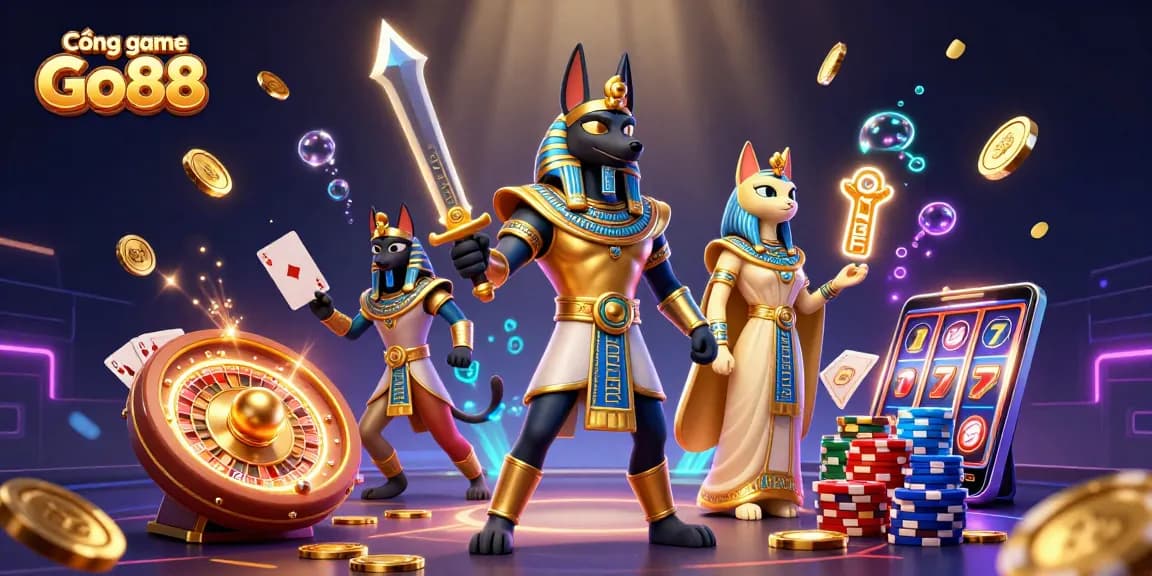 Cổng game Go88 features Anubis and Bastet amid sparkling gems and casino elements.