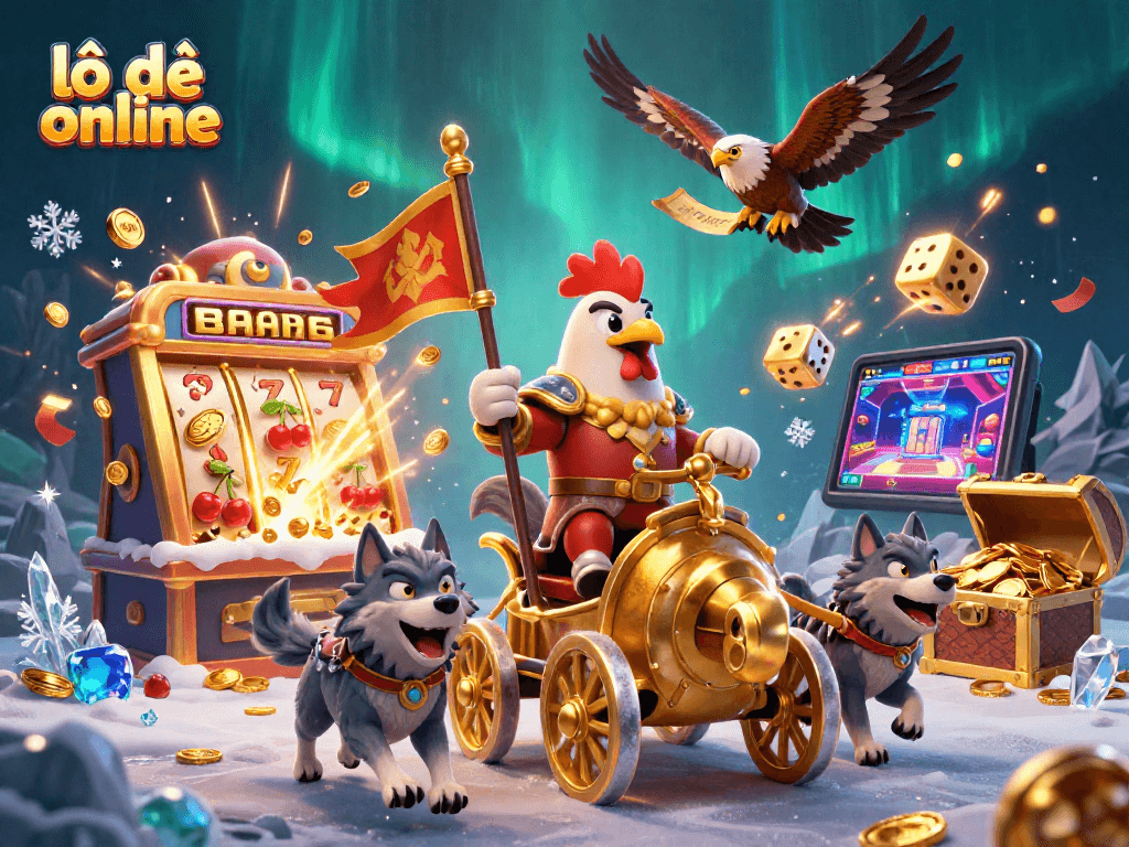 Engage in lô đề online with an exciting visual of a rooster warlord amidst vibrant casino symbols.