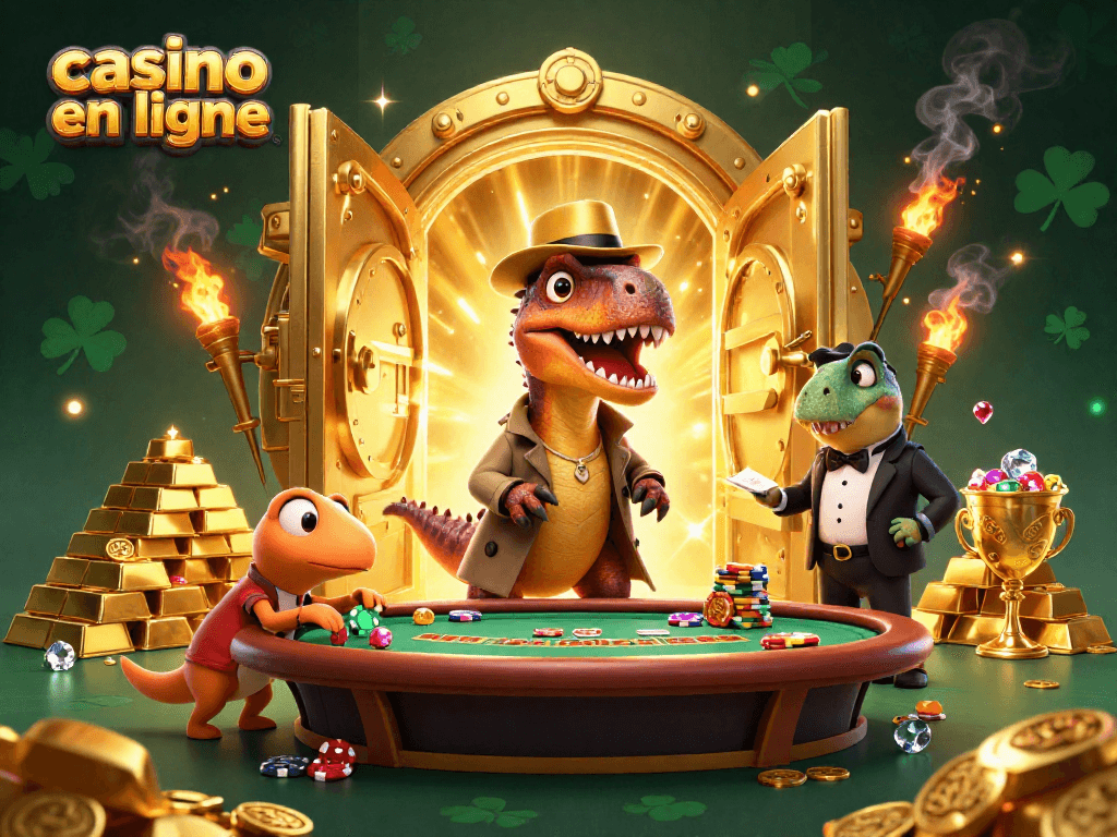 Jouer au casino en ligne avec une illustration d'un velociraptor en trench coat au blackjack, entouré de trésors.