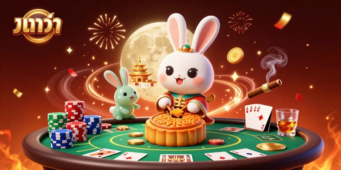 Experience baccarat excitement as the moon rabbit creates poker chip mooncakes on a vibrant casino moon.