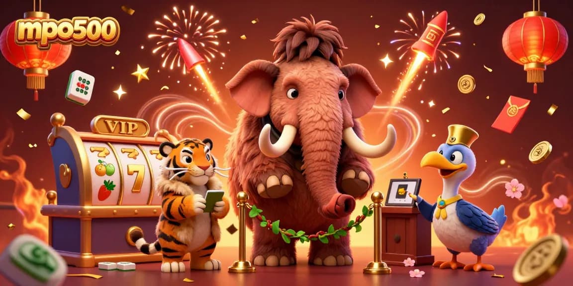 MPO500 engages players with vibrant slot reels in a lively casino scene, highlighting excitement and fun.