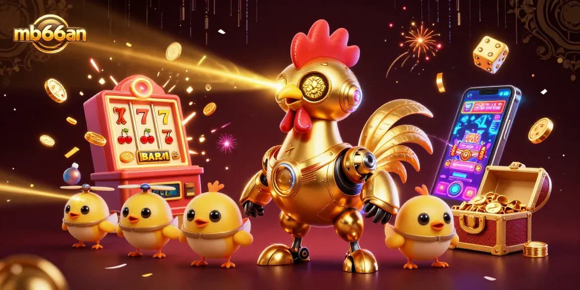 Engage in thrilling gameplay with mb66an's golden rooster robot surrounded by extravagant casino elements.