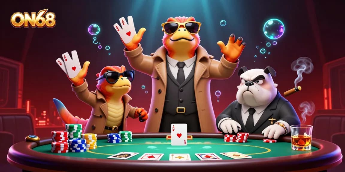 Engage with ON68's thrilling poker scene featuring raptors in disguise and vibrant casino elements.