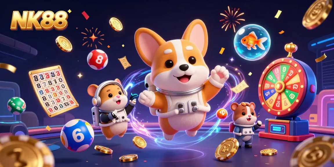 Experience the thrill of winning at NK88 with a vibrant, dynamic casino scene featuring playful characters.
