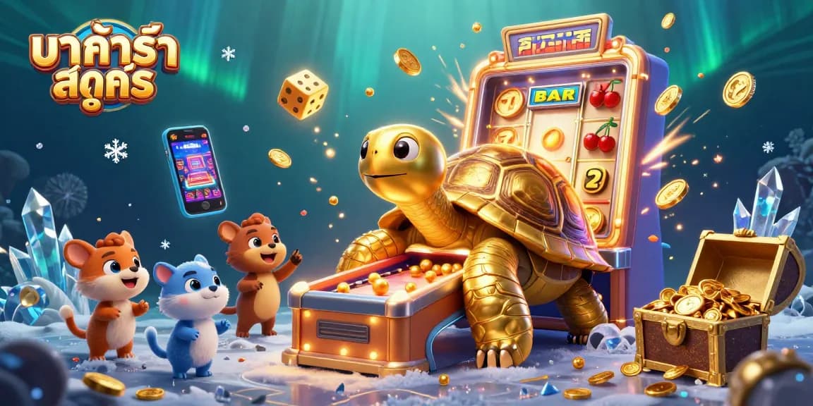 Engaging 3D scene showing the บา ค่า ร่า สูตร concept with a colossal golden tortoise pinball machine and casino elements.