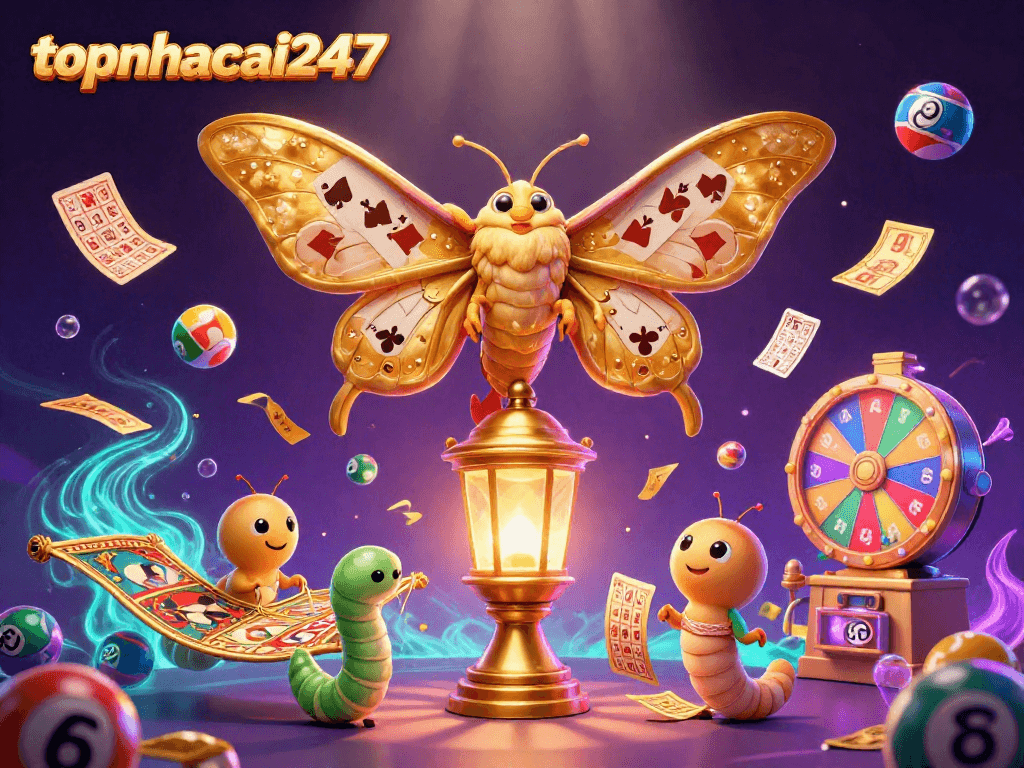 Experience thrilling gaming with topnhacai247's vibrant animated casino scene featuring a golden moth and lottery elements.