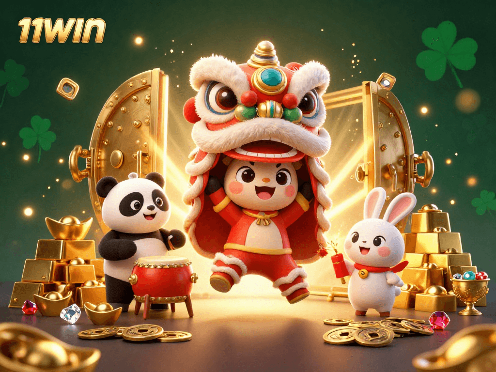 Engage with 11WIN's vibrant lion dance scene amidst treasures in a lively casino atmosphere.