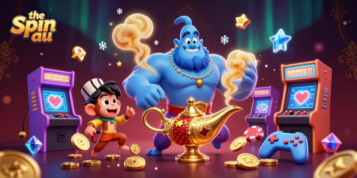 Experience the excitement of the spin au with vibrant casino characters and arcade elements in a magical scene.