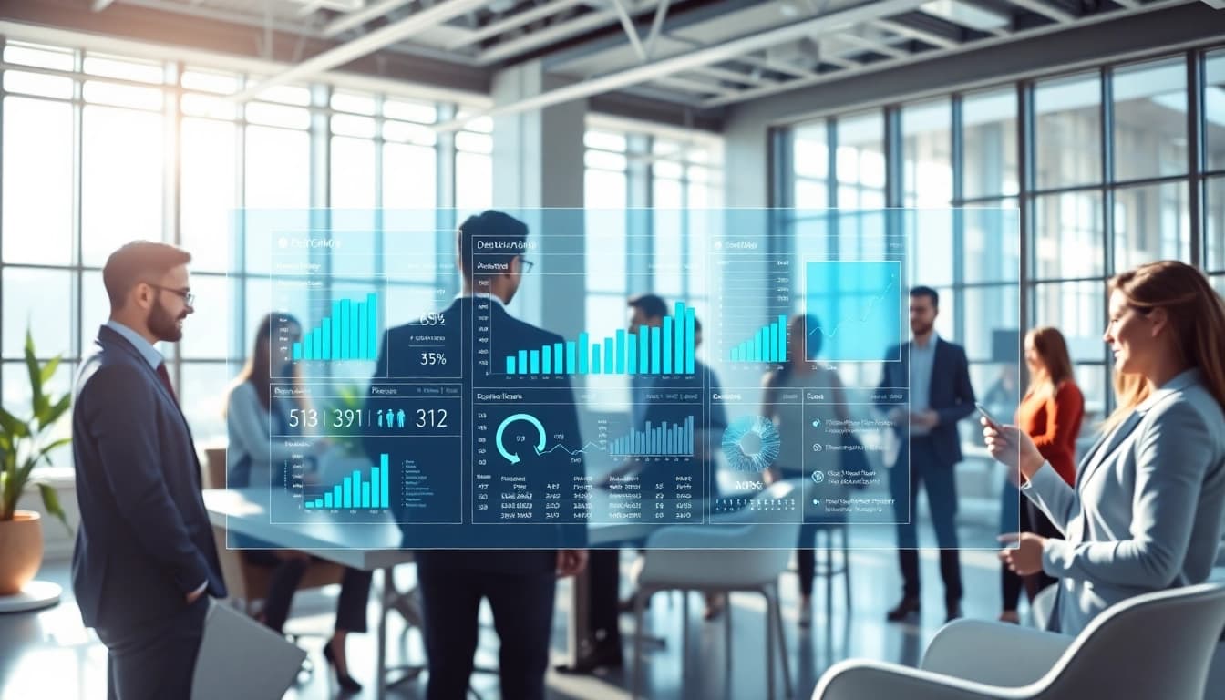 Engaging scene depicting AeroGenie Agentic AI decision engine with professionals analyzing data.