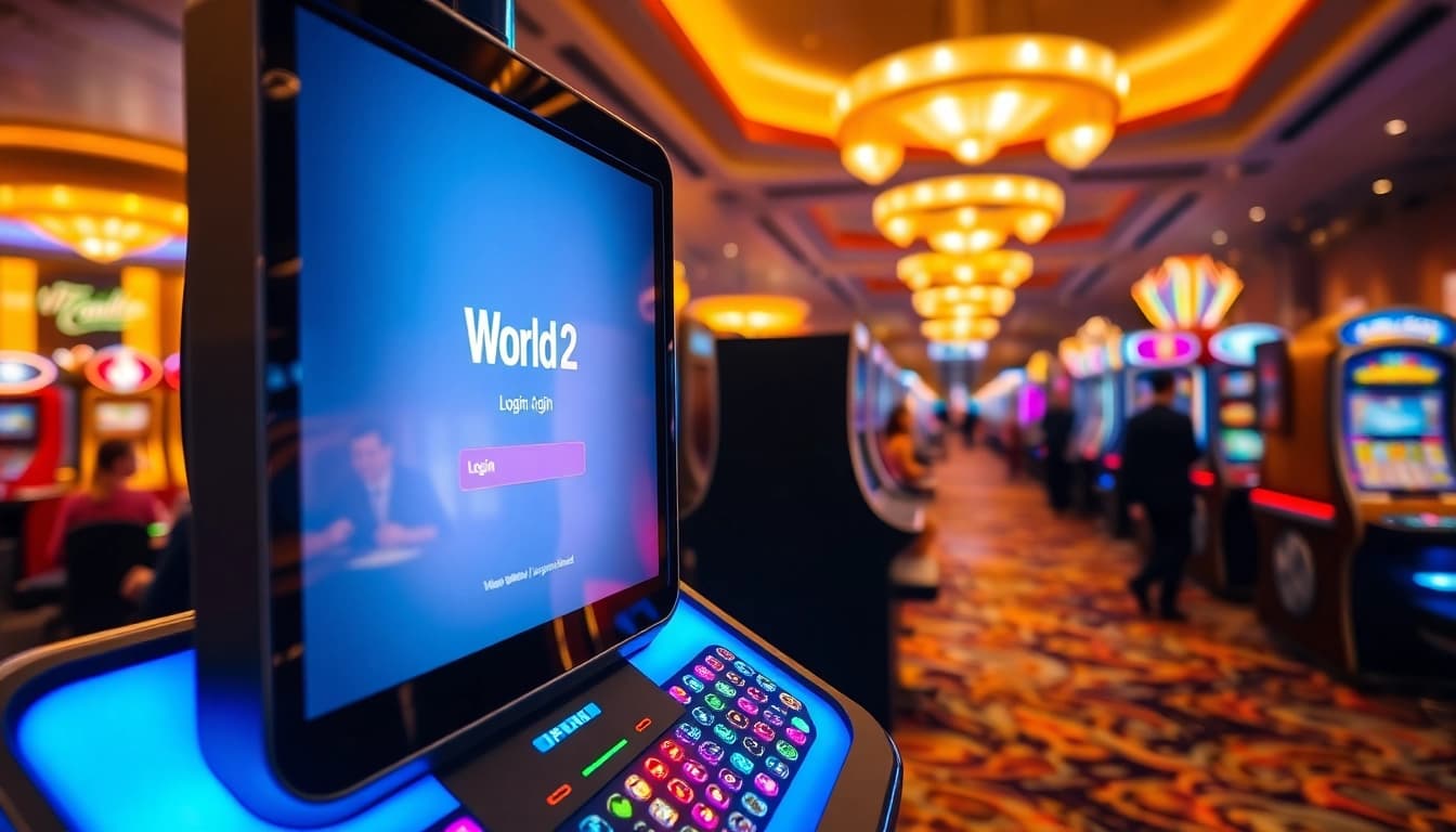 Engage with the VWorld2 Login at a modern casino interface surrounded by vibrant games.