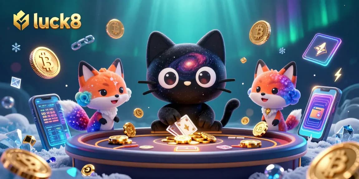 Spin the reels with luck8 in a vibrant cosmic casino scene featuring animated characters and crypto elements.