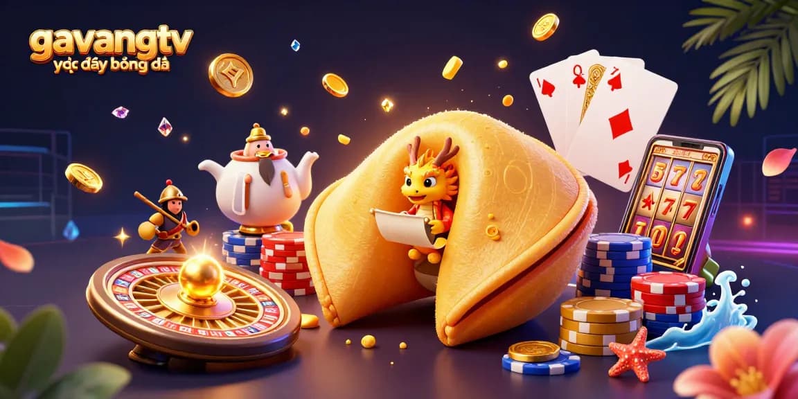 Experience the excitement of gavangtv trực tiếp bóng đá with a vibrant scene of a golden fortune cookie and playful characters.