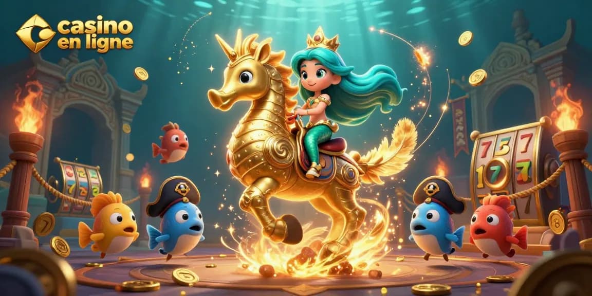 Jouez au casino en ligne avec cette illustration dynamique de personnages sous-marins jouant à des jeux de casino.