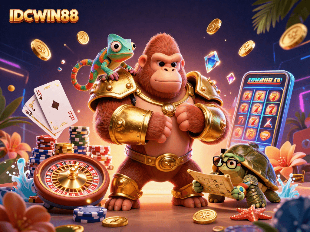 Engage with IDCWIN88's thrilling digital casino experience featuring a gorilla king and glossy gaming elements.
