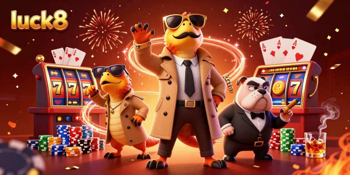 Engage with luck8 in a vibrant casino scene featuring raptors and lively gaming elements.