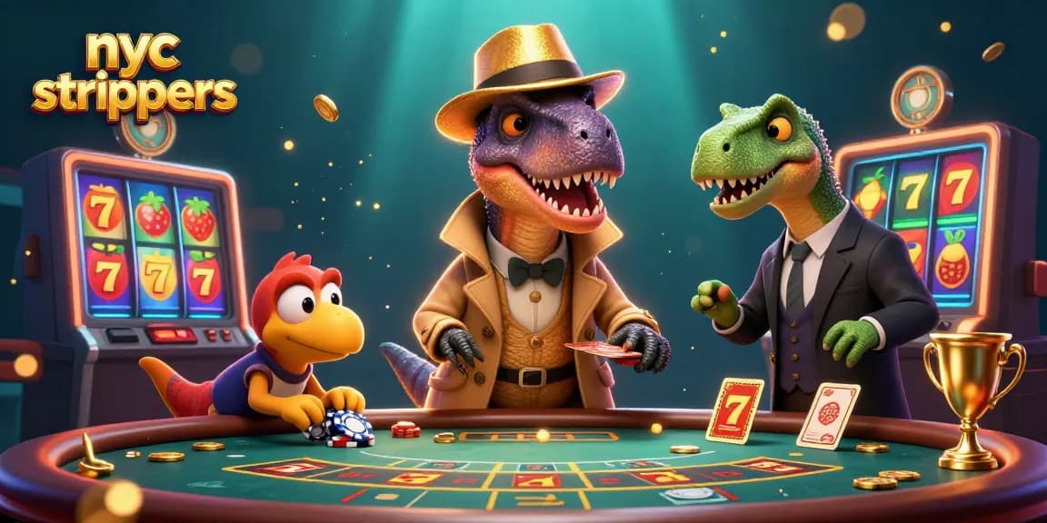 Dynamic scene with nyc strippers themed as casino characters, evoking excitement and gaming action.