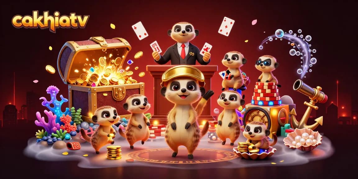 Cakhiatv features a dynamic casino scene with meerkats running games, showcasing vibrant graphics and thrilling action.