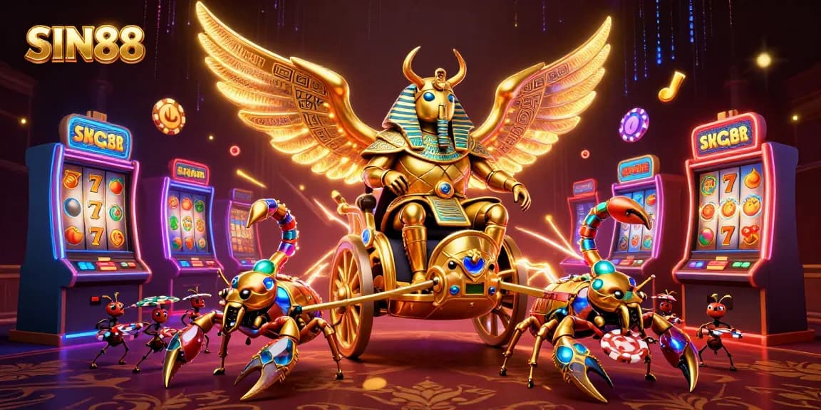 Engage in exhilarating gaming action with SIN88, featuring a golden scarab beetle amidst vibrant casino elements.