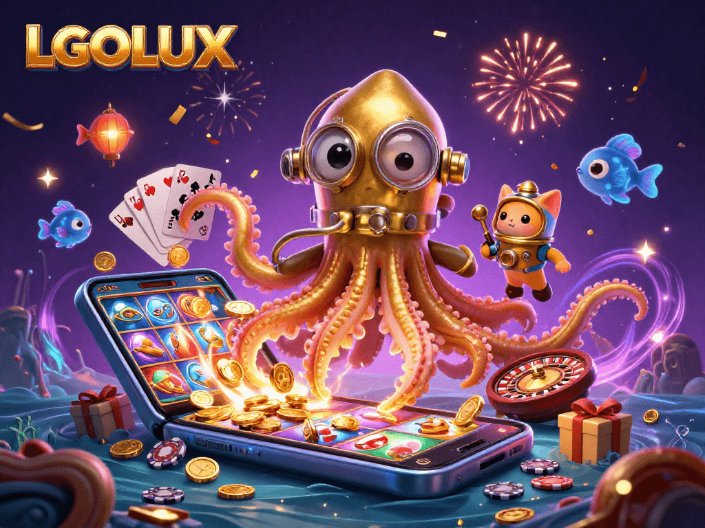 Join the thrilling world of LGOLUX as the kraken reveals treasures in this vibrant casino scene.