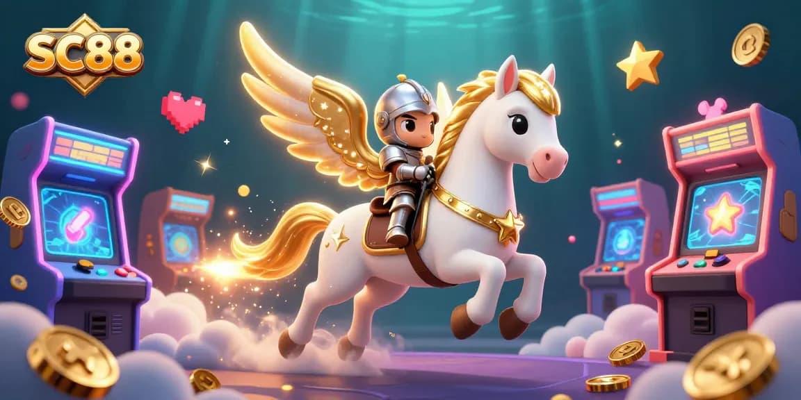 Play SC88 with a celestial knight riding through vibrant casino elements in an enchanting 3D scene.