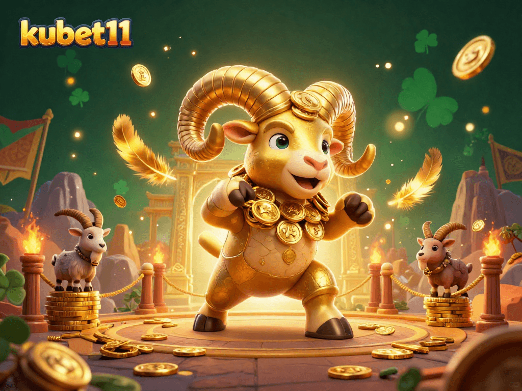 Engage with kubet11 in a dynamic and vibrant 3D casino setting featuring a golden ram charging through a decorative gateway.