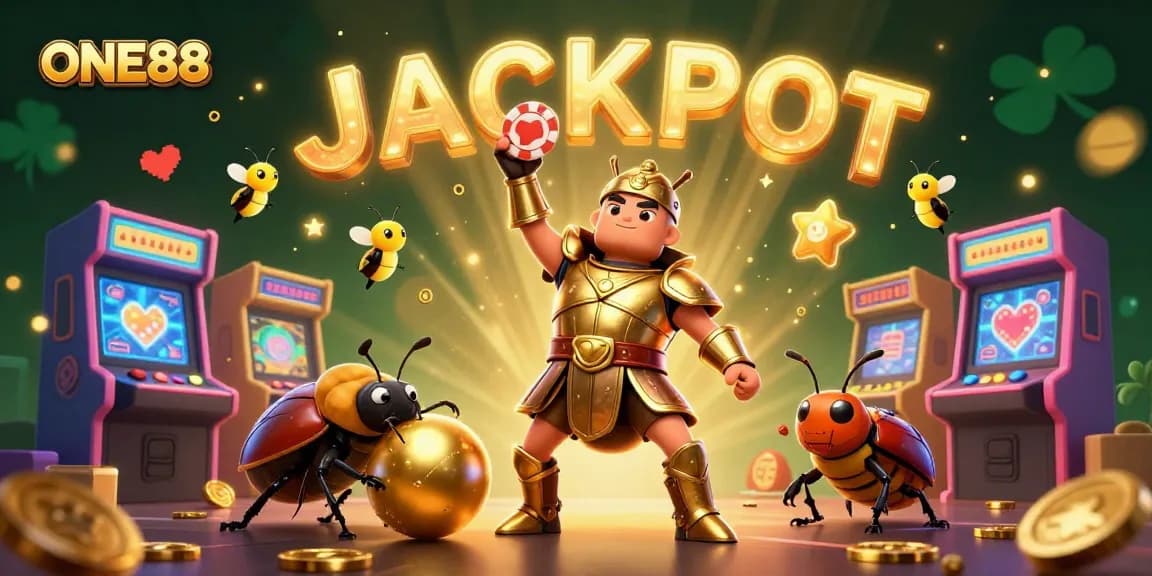 ONE88 showcases a captivating 3D illustration with a victorious beetle in a casino setting, celebrating jackpot wins.