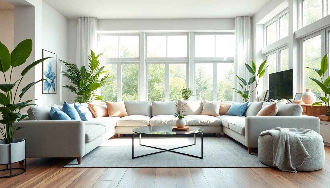 Emphasizing home improvement, this stylish living room blends comfort with modern design features.